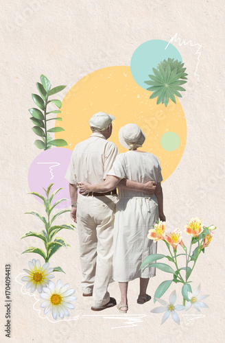 Senior couple walking together on abstract background. Retired elderly people man and woman enjoy and fun outdoor activity - lifestyle, travel, nature, hiking and summer vacation concept.