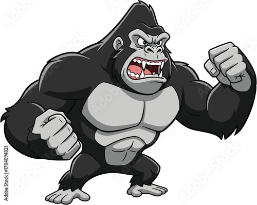 Cartoon gorilla with clenched fists and angry face, muscular body, aggressive pose, strong animal character vector for action and mascot design