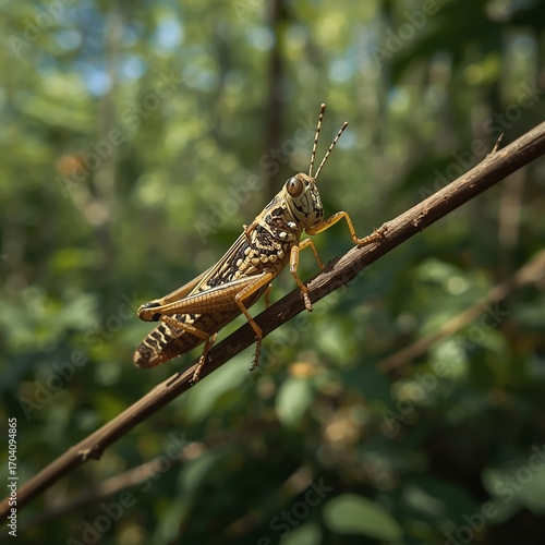 Grasshopper resting on a small branch