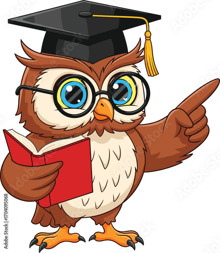Cartoon owl wearing graduation cap and glasses holding book, educational bird character pointing wing, vector for school and learning design