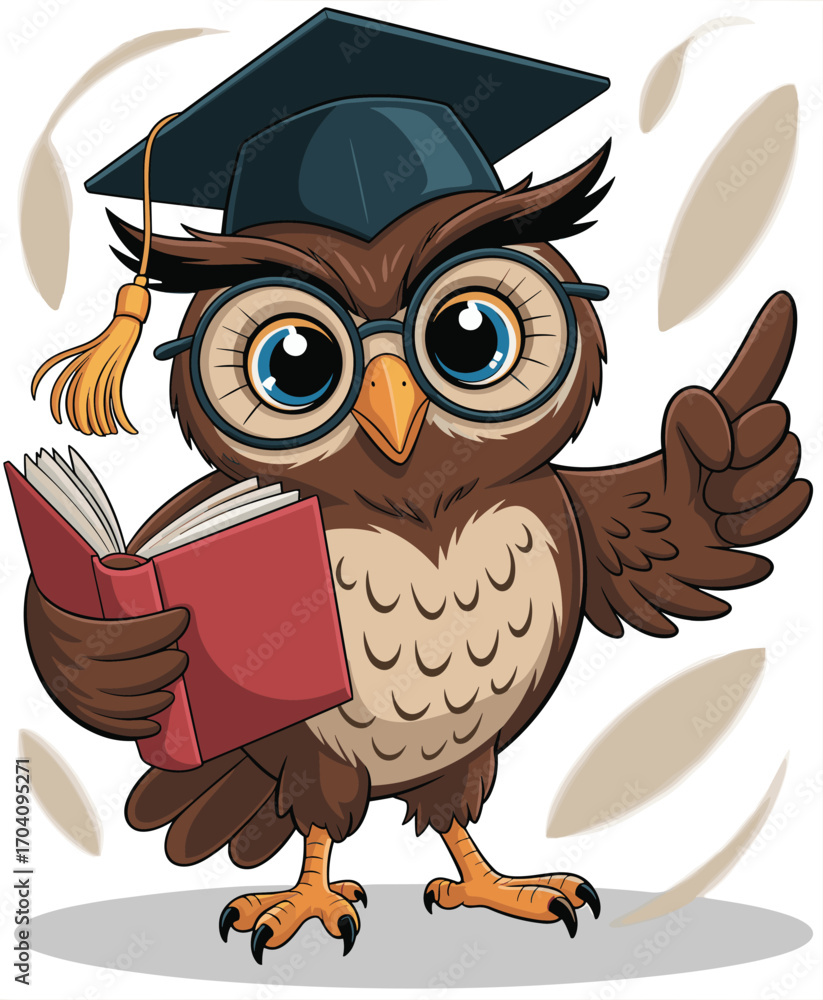 Fototapeta premium Cartoon owl with graduation cap and glasses holding red book, pointing wing, educational character vector for school, learning, and wisdom design