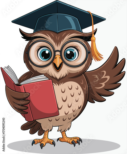 Cartoon owl wearing graduation cap and glasses holding red book, pointing wing, educational character vector for school, learning, and wisdom design
