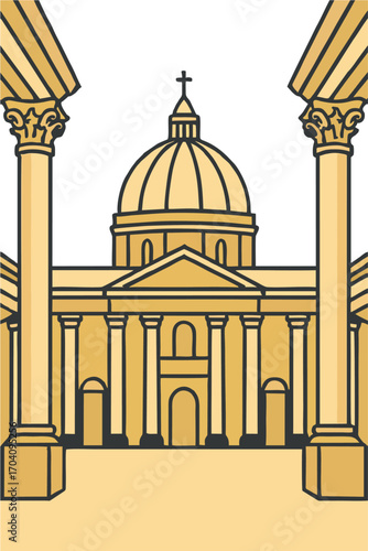 Minimalist Perspective Vector of Cathedral Dome and Colonnade with Classical Columns Illustration