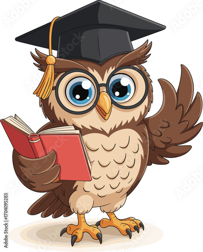 Cartoon owl wearing graduation cap and glasses holding red book, raised wing, educational character vector for school, learning, and wisdom design