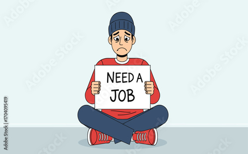 Young Man Holding Sign with Need A Job Message for Employment Search