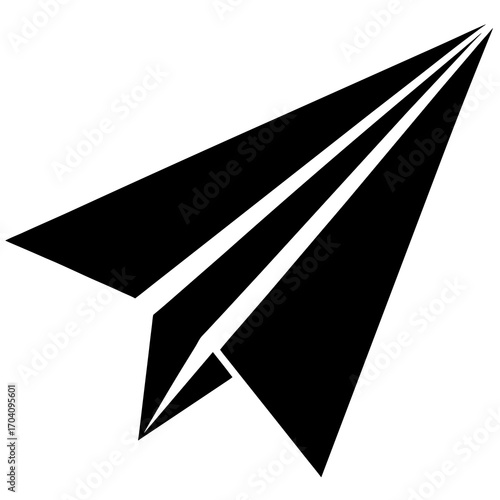 Black paper airplane soaring through white space flight