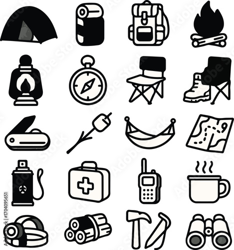 Camping gear icons collection for outdoor activities and adventure planning