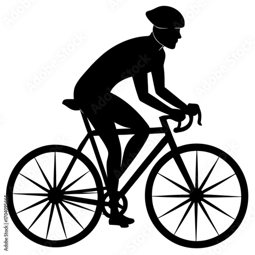 Black silhouette cyclist riding vintage bicycle retro