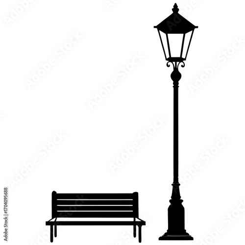 Black silhouette classic street lamp and park bench