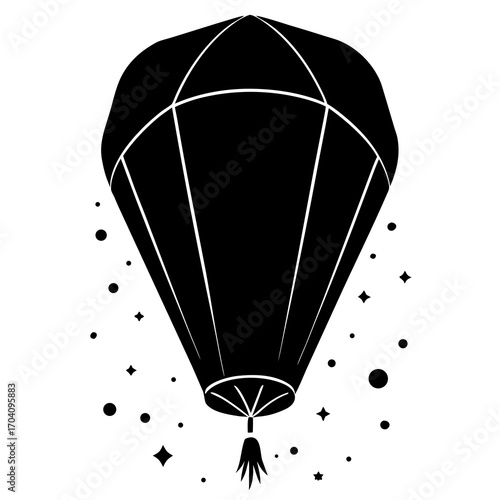 Black sky lantern floating upwards with stars black silhouette