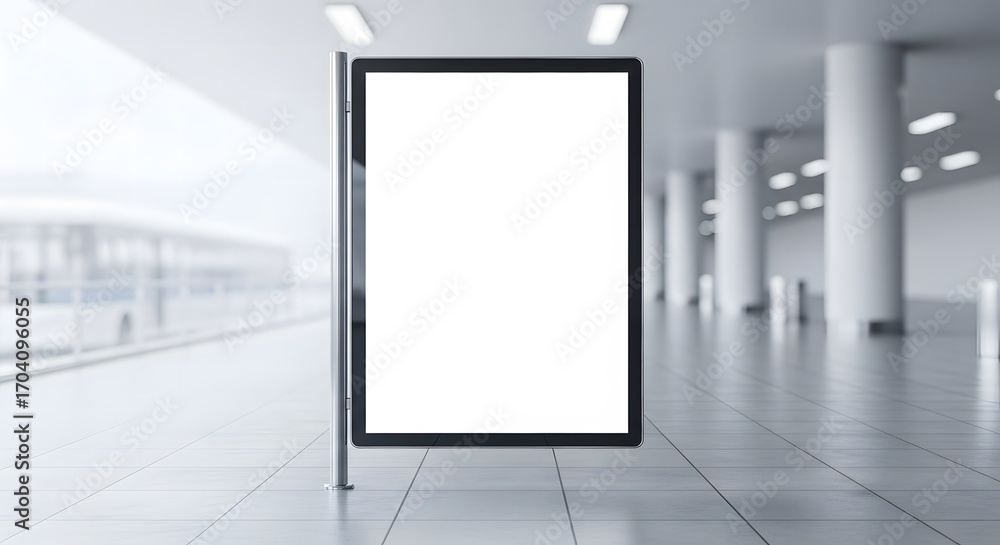 Fototapeta premium Modern blank digital billboard screen on a stand in a clean, minimalist public transportation hub, offering prime space for advertising mockups, informational displays, or brand promotions