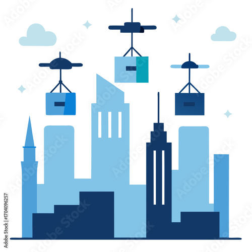 Drones delivering packages above city buildings delivery