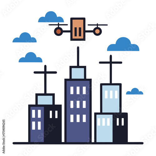 Delivery drone flying over city buildings urban