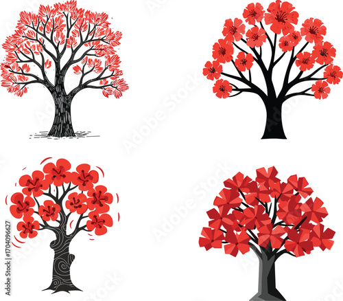 Set of artistic red trees illustration, abstract foliage vector design, decorative nature elements, seasonal autumn tree clipart, creative graphics