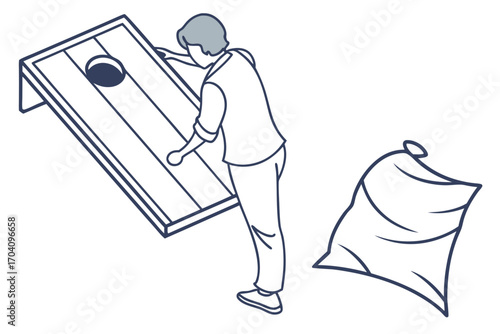 Cornhole board with bean bag outline icon.