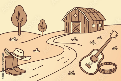 Country music Wild West set – cowboy boots, guitar, hat, banjo, microphone, barn, horseshoe, rustic western theme