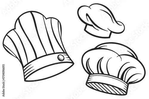 Culinary headwear outline collection including chef hat, baker cap, and cook toque