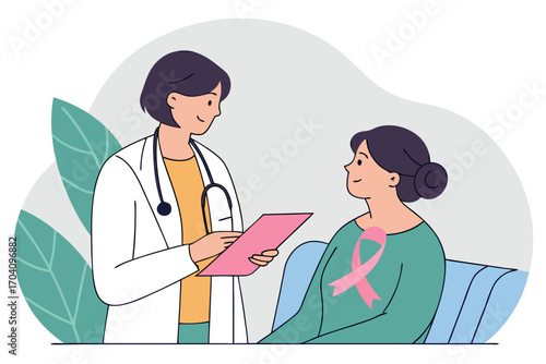 Doctor and patient scene – medical consultation with awareness ribbon for cancer support