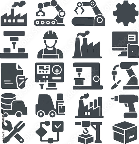 Industrial automation icons representing manufacturing and robotics