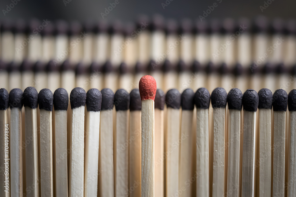 Naklejka premium Single Red Matchstick Stands Out Among Many. AI Generated