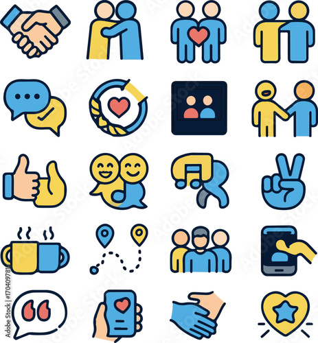 Friendship and love icons for social connection and communication