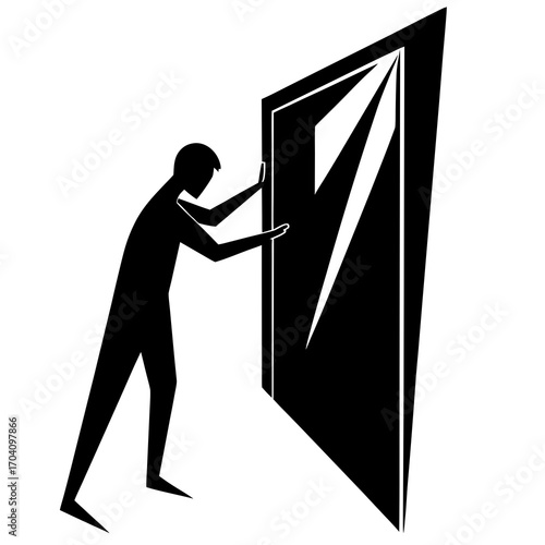 Figure pushing open glowing portal silhouette person