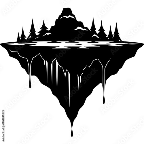 Floating island with mountain and trees silhouette