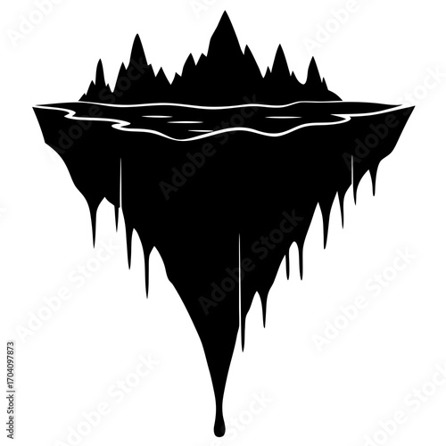 Floating island with jagged peaks and water silhouette