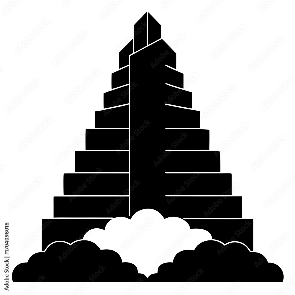 Fototapeta premium Geometric skyscraper rising above stylized clouds architecture