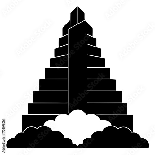 Geometric skyscraper rising above stylized clouds architecture