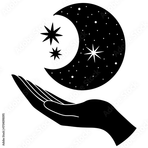 Hand holding celestial crescent moon and stars night sky
