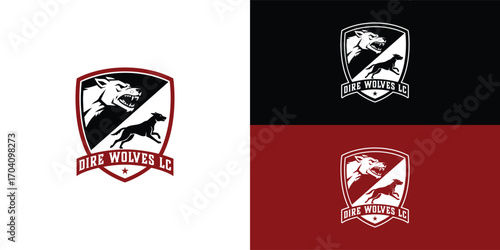 A striking shield featuring a menacing wolf and a swift dog, embodying both strength and speed. The color palette of black, white, and maroon adds intensity.