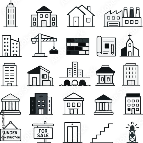 Line Art Building and Construction Icons for Urban Environment