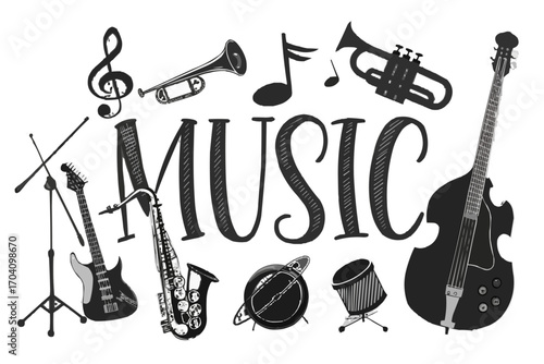 Illustration of musical instruments including a guitar saxophone trumpet and bass with music text design