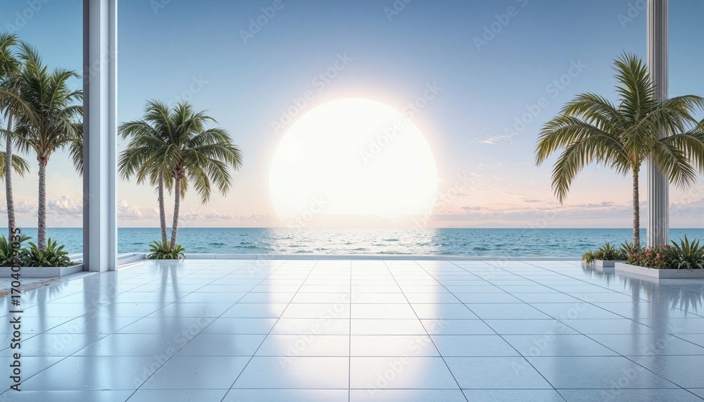 Fototapeta premium Serene sunset view from a modern patio with palm trees, overlooking tranquil ocean and clear sky.