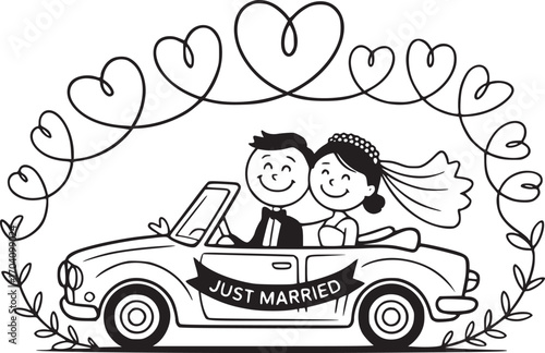 Just Married: A joyful couple celebrates their new life chapter, seated in a classic convertible, adorned with Just Married signage, framed by heart-shaped garlands symbolizing everlasting love.