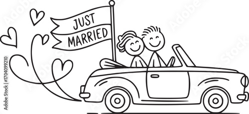 Joyful Ride: Newlyweds embark on their next adventure, cheerfully cruising in a convertible, symbolized by a banner declaring 'Just Married' and accompanied by flying hearts.