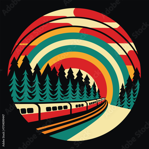 Retro Train Journey Through the Woods Vintage Style Travel Poster With Colorful Circular Design and Black Backdrop