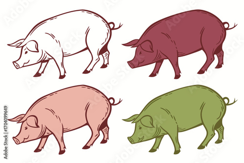 set of Pig farm animal silhouette vector isolated on white background
