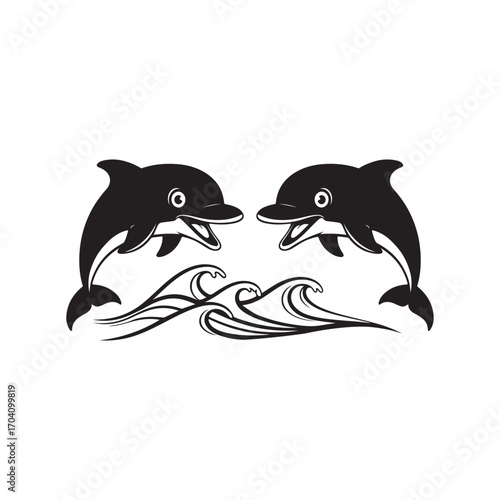 playful dolphins jumping in ocean waves black and white vector illustration.