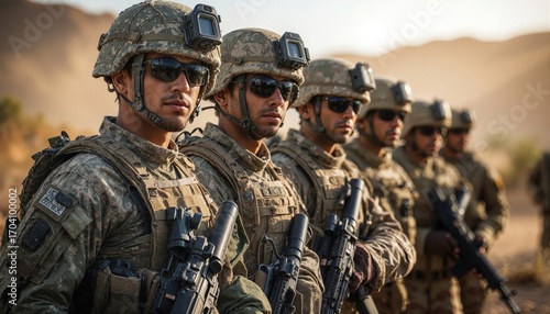 Group of soldiers standing in formation, holding rifles, in a desert landscape, during a training exercise.