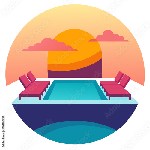Infinity pool lounge chairs sunset clouds