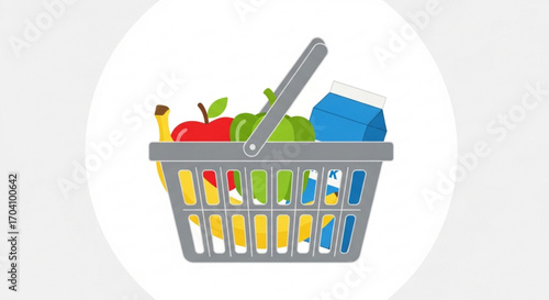 Illustration of a shopping basket filled with fresh produce and groceries, , representing healthy eating