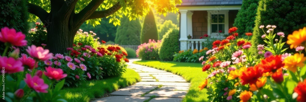 Fototapeta premium Sun-drenched garden, colorful blooms, stone pathway, pathway, yard