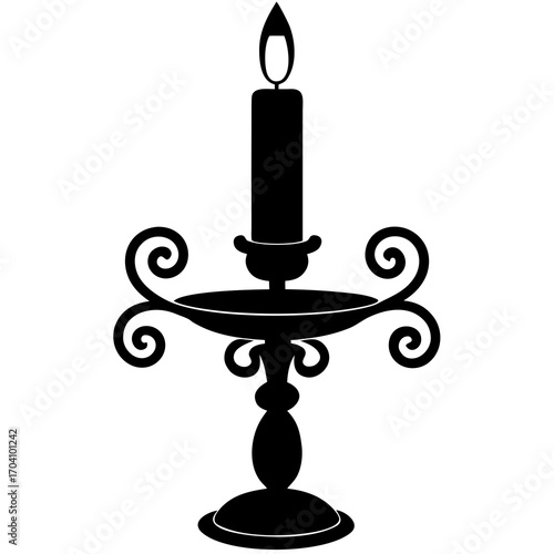 Ornate black candle holder with lit candle vector