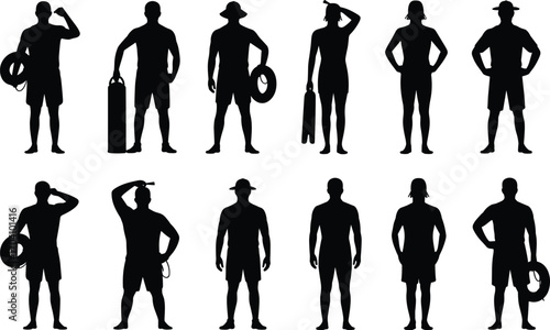 Silhouette of men in summer swimwear, holding lifebuoys and snorkeling gear, standing poses, beachwear, summer vacation, water sports, outdoor leisure, travel adventure.