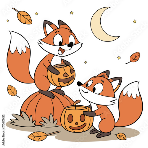 Pumpkin Fox Coloring Pages Cute foxes with Jack-o’-lanterns