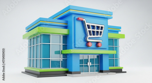 A vibrant 3d rendering showcases a charming store facade, complete with a shopping cart emblem, evoking a sense of retail therapy and consumerism