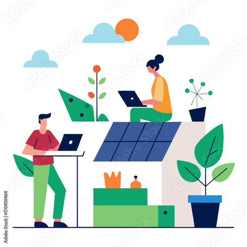 People working on laptops in urban garden rooftop solar panels