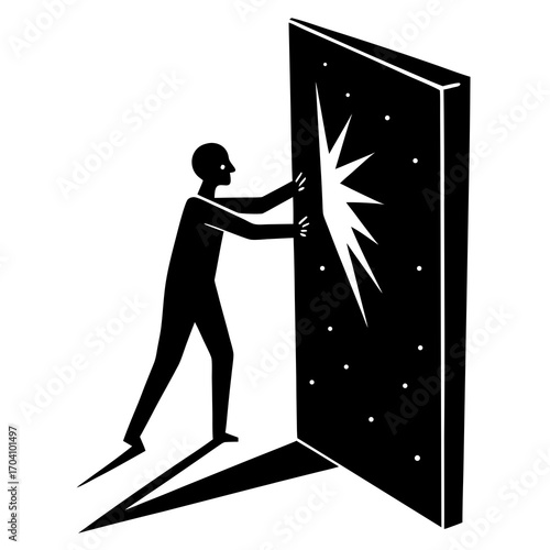 Person pushing open glowing portal silhouette opening